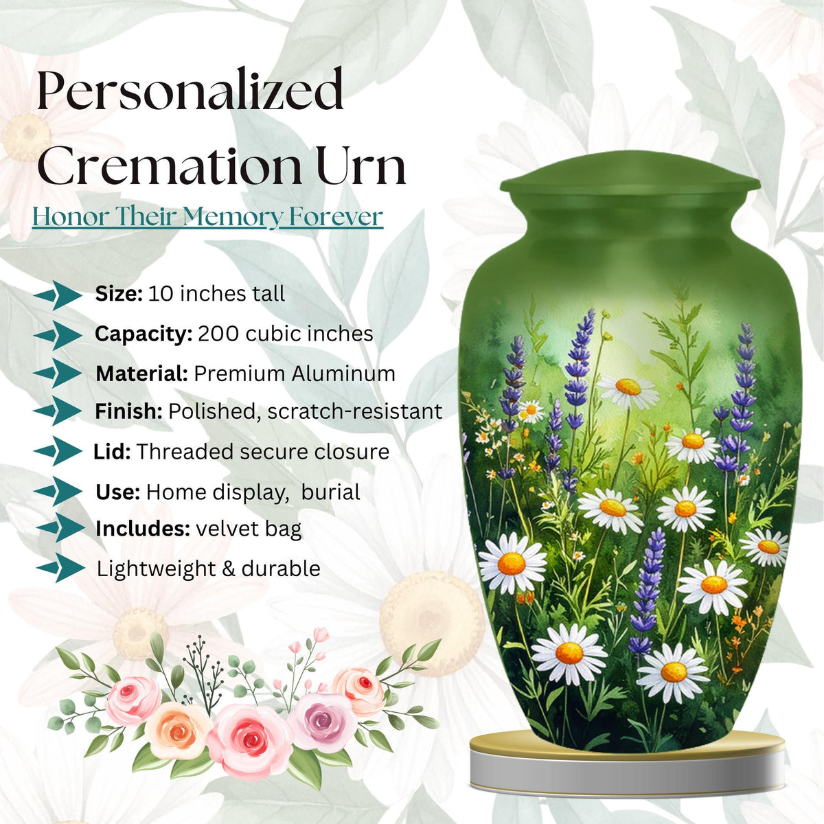 green wildflower floral cremation urn for human ashes, handmade aluminum memorial urn – photo 8