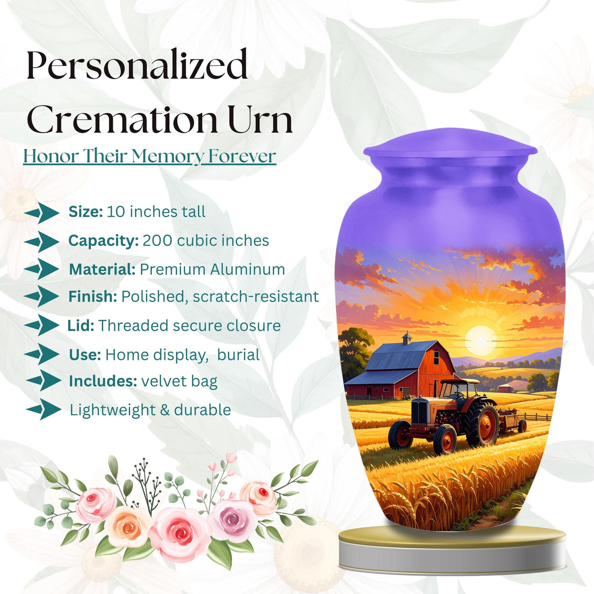 tractor sunset farm cremation urn for human ashes, handmade aluminum memorial urn – photo 5