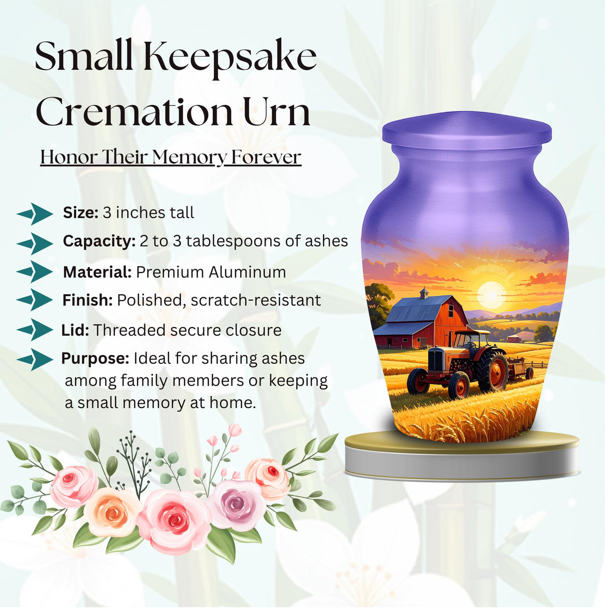 tractor sunset farm cremation urn for human ashes, handmade aluminum memorial urn – photo 7