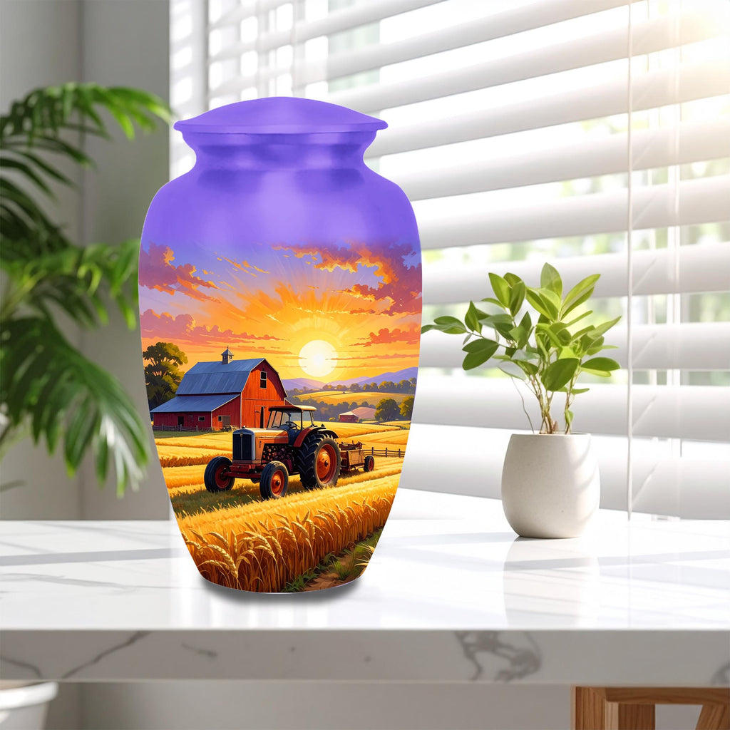 tractor sunset farm cremation urn for human ashes, handmade aluminum memorial urn – photo 9