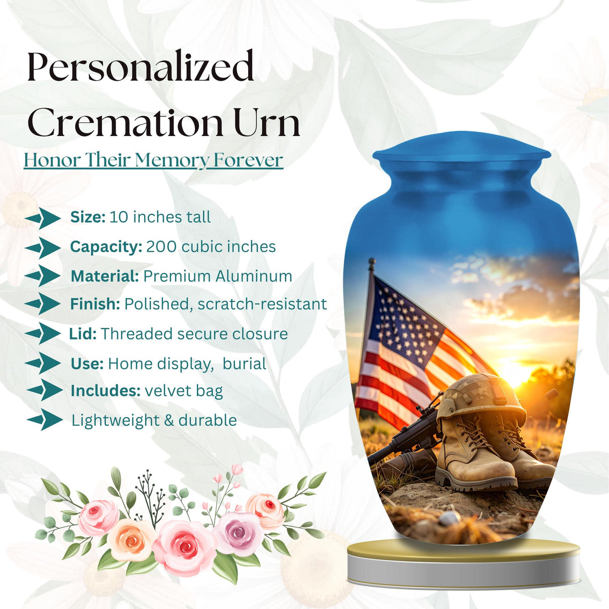 american flag military cremation urn for human ashes, handmade aluminum memorial urn – photo 2