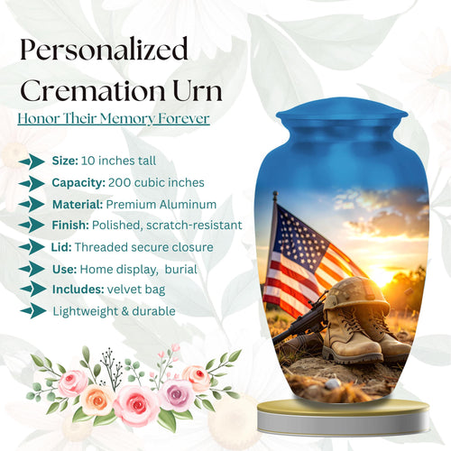 american flag military cremation urn for human ashes, handmade aluminum memorial urn – photo 2