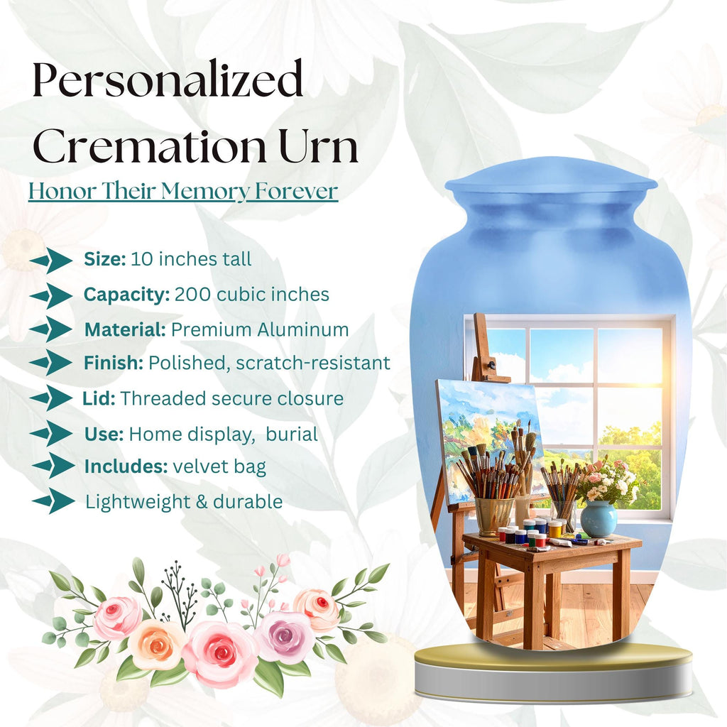 artist painter studio cremation urn for human ashes, handmade aluminum memorial urn – photo 2