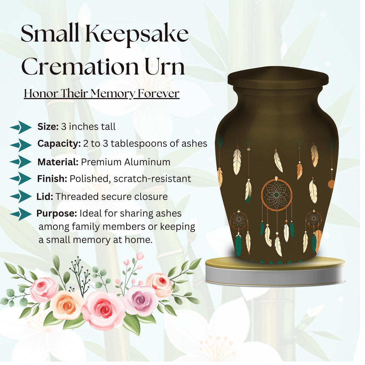 dreamcatcher feather cremation urn for human ashes, handmade aluminum memorial urn – photo 7