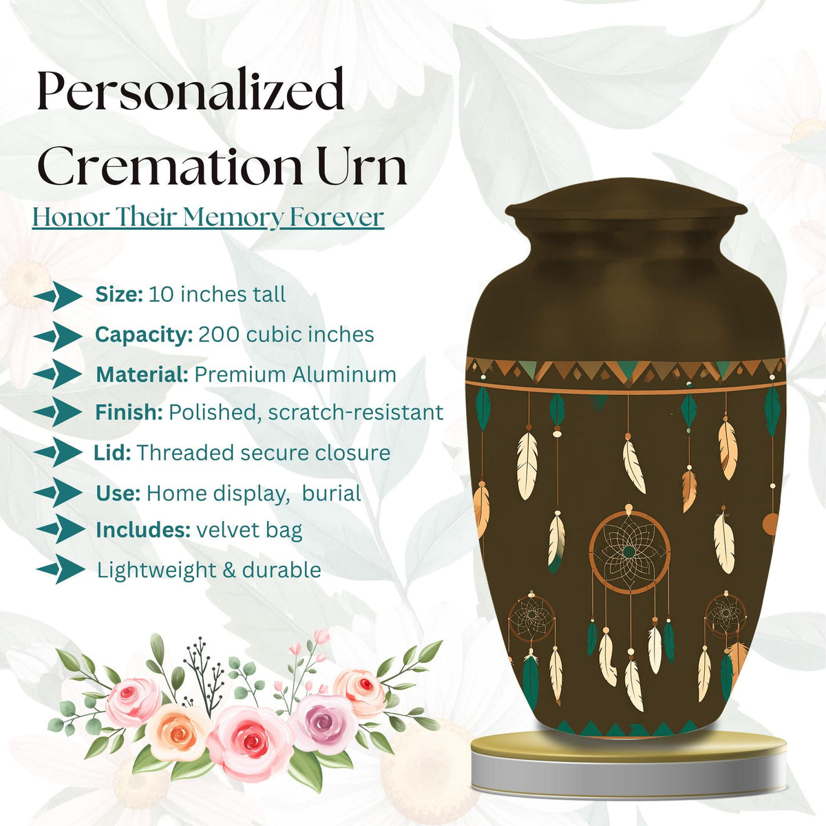 dreamcatcher feather cremation urn for human ashes, handmade aluminum memorial urn – photo 2