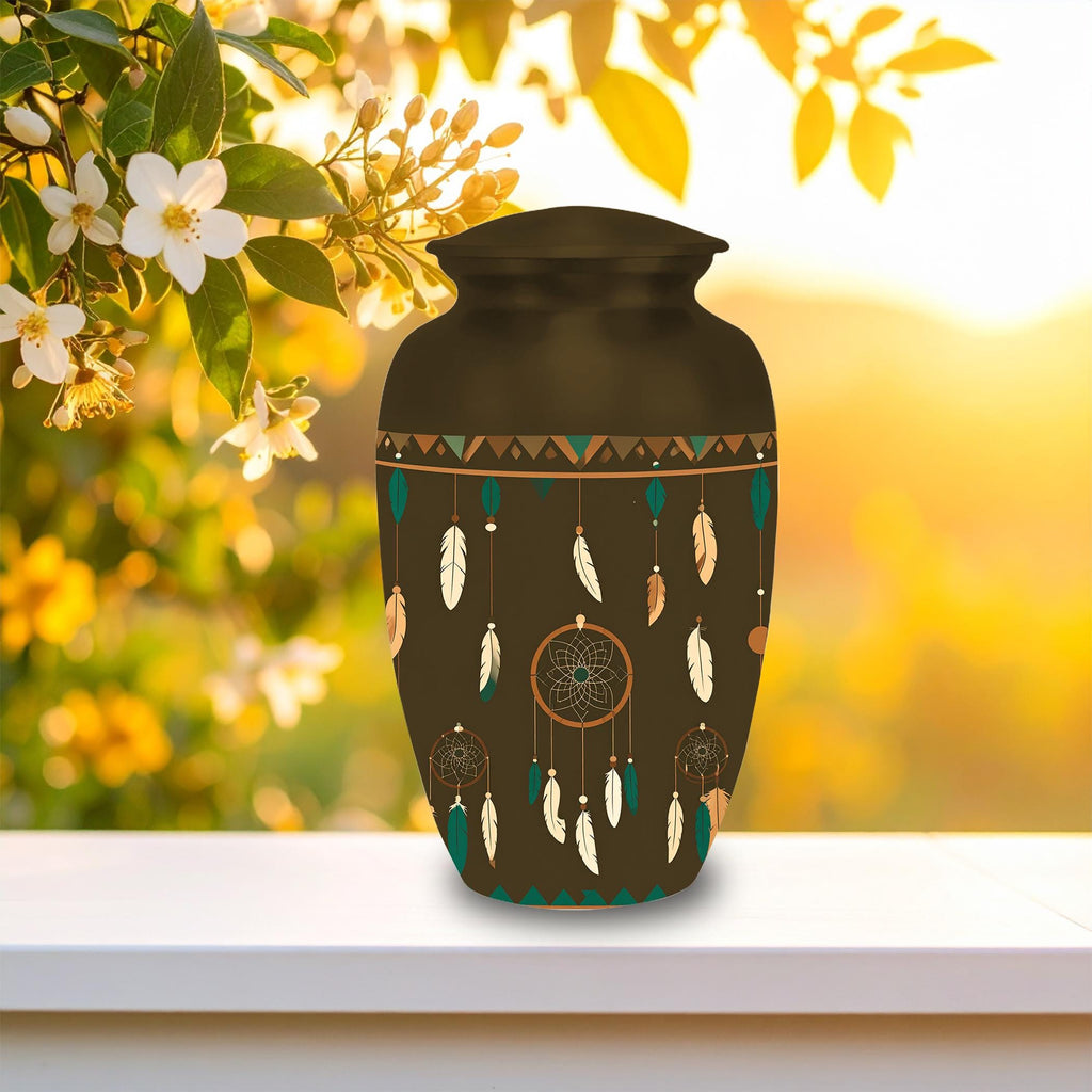 dreamcatcher feather cremation urn for human ashes, handmade aluminum memorial urn – photo 4