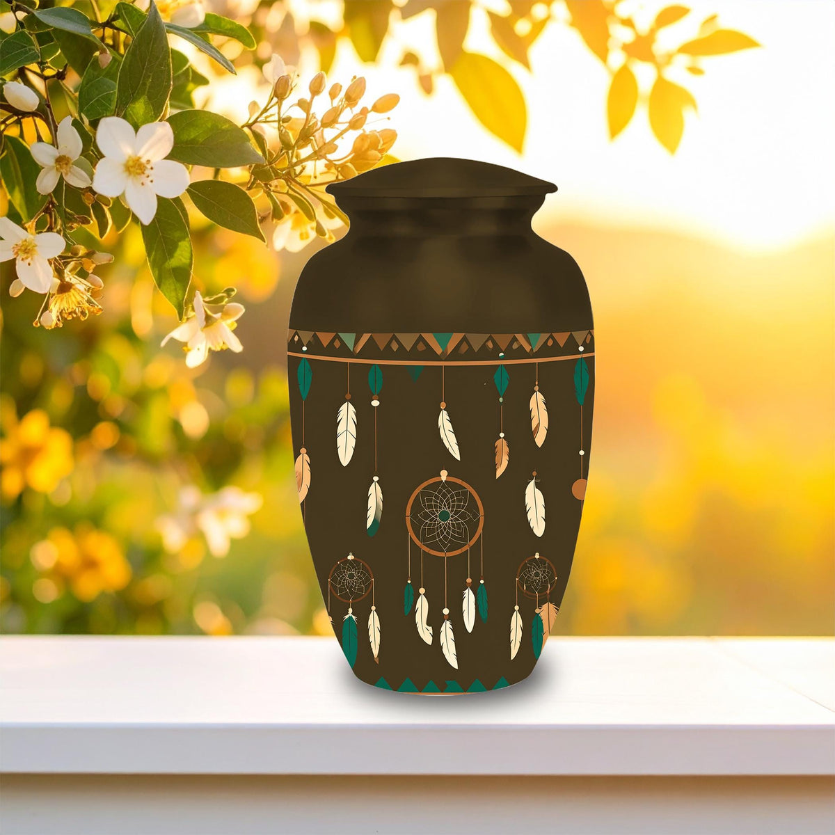 dreamcatcher feather cremation urn for human ashes, handmade aluminum memorial urn – photo 4