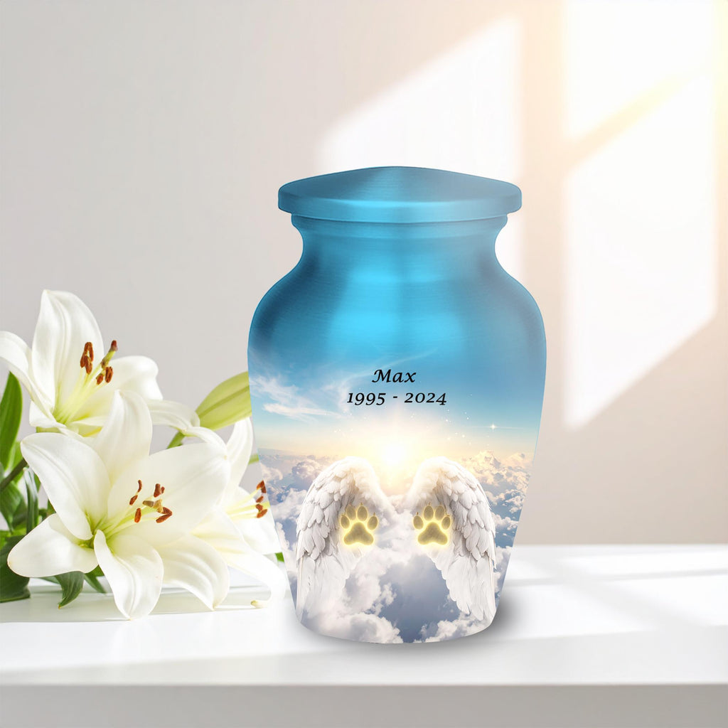 angel wings paw prints cremation urn for pet ashes, handmade aluminum memorial urn – photo 7