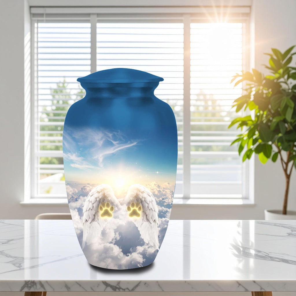 angel wings paw prints cremation urn for pet ashes, handmade aluminum memorial urn – photo 5