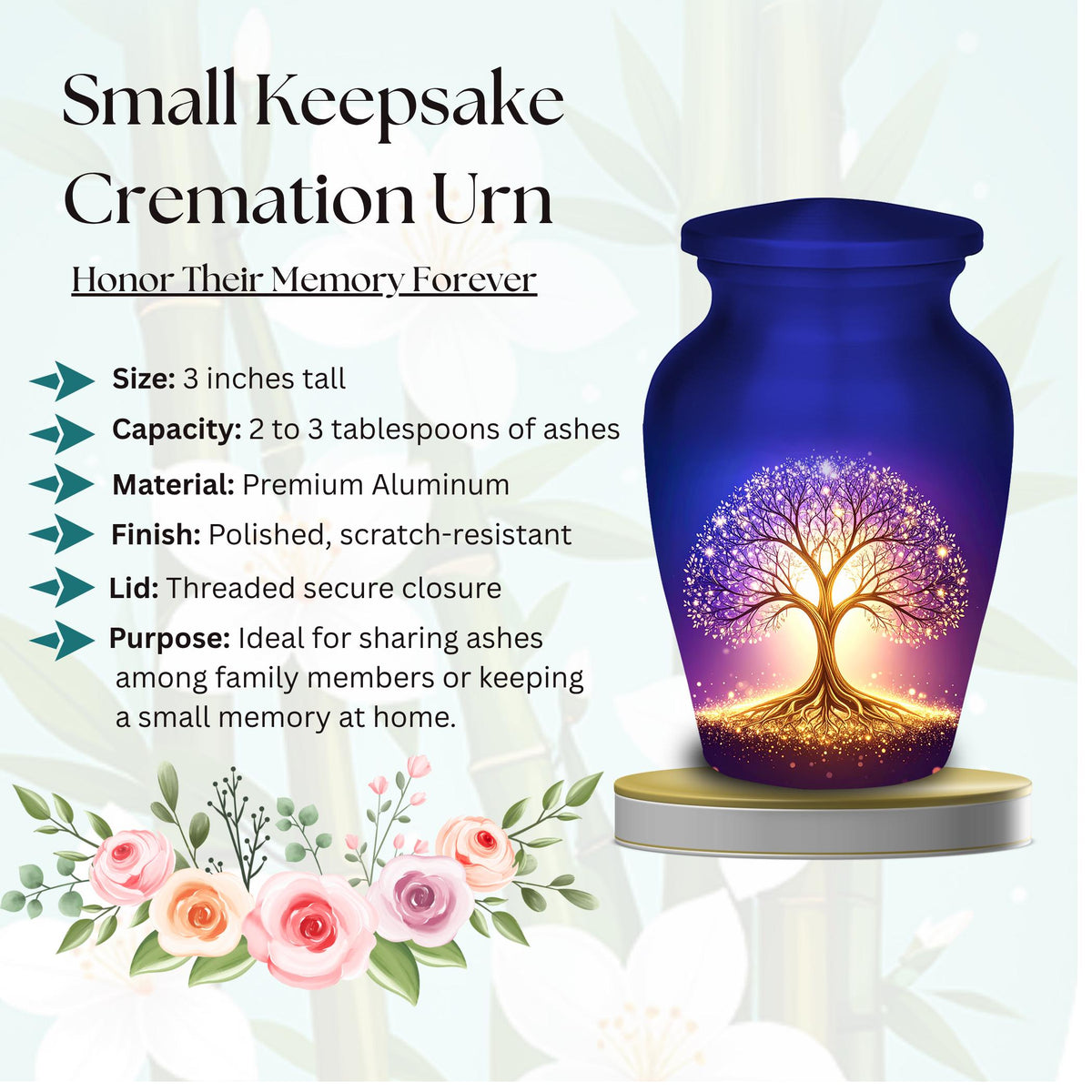 glowing golden tree of life cremation urn for human ashes, handmade aluminum memorial urn – photo 7