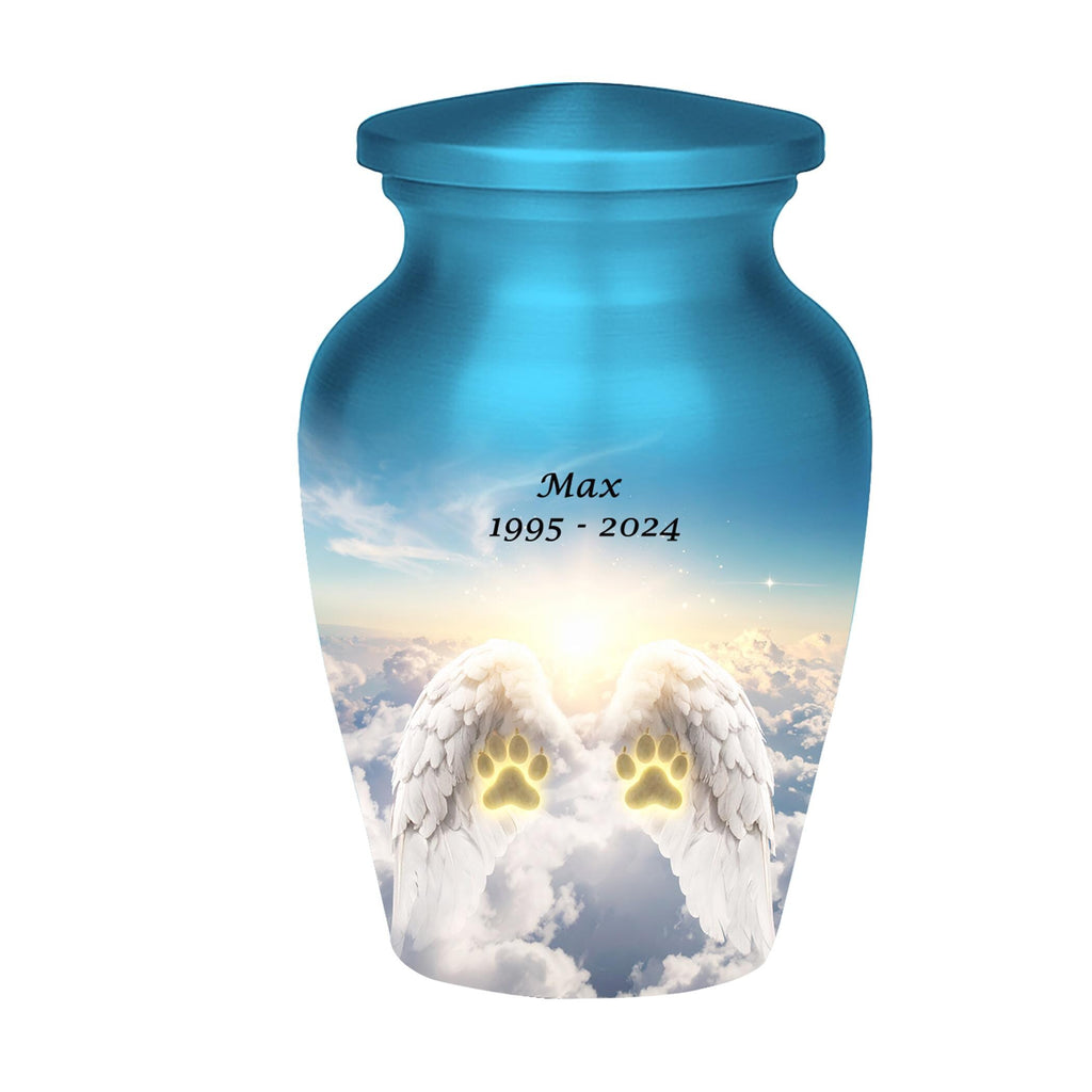 angel wings paw prints cremation urn for pet ashes, handmade aluminum memorial urn – photo 1
