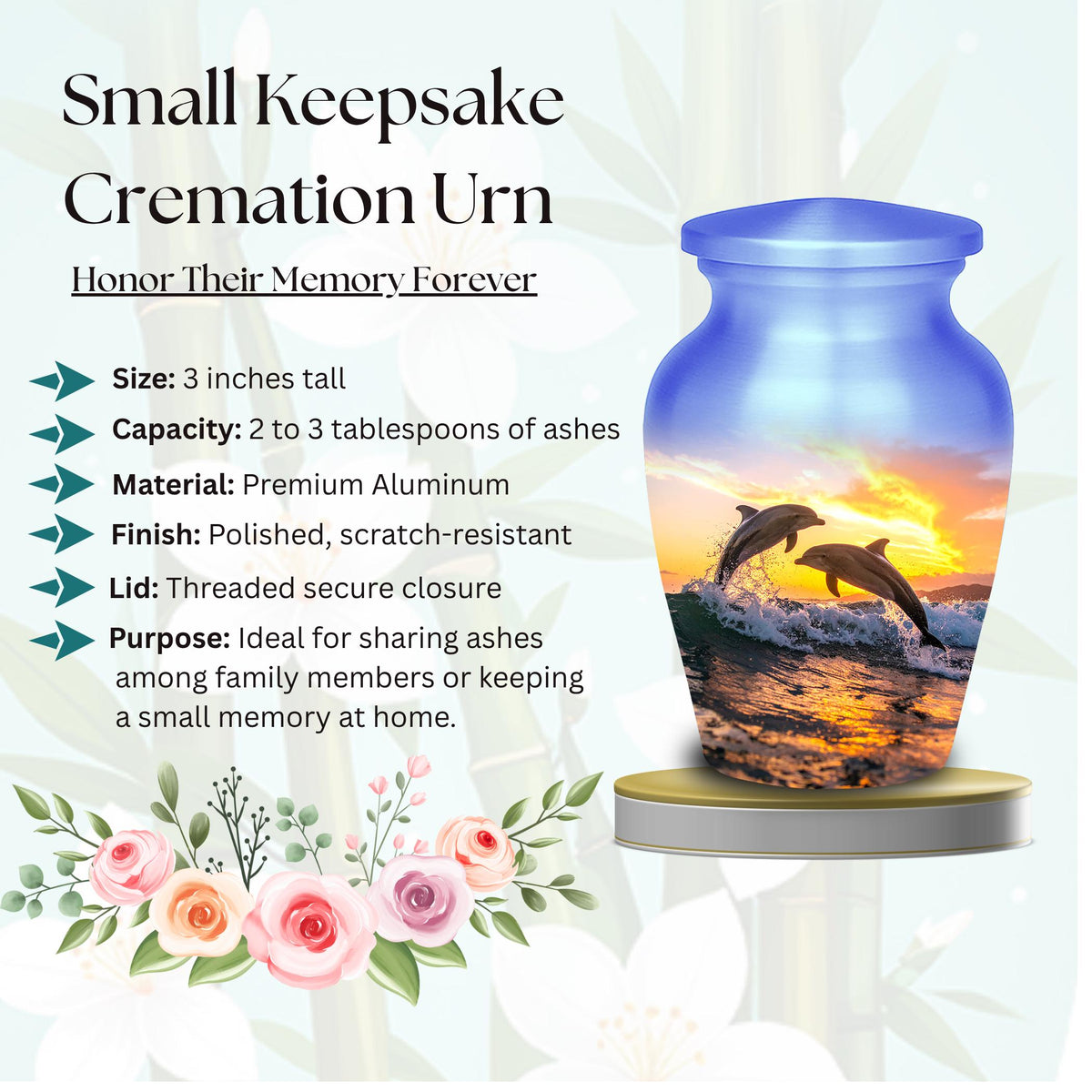 dolphin ocean sunset cremation urn for human ashes, handmade aluminum memorial urn – photo 7