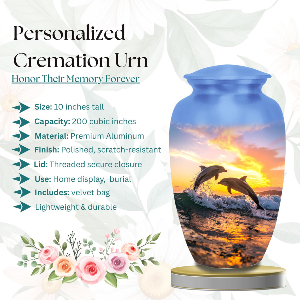 dolphin ocean sunset cremation urn for human ashes, handmade aluminum memorial urn – photo 4