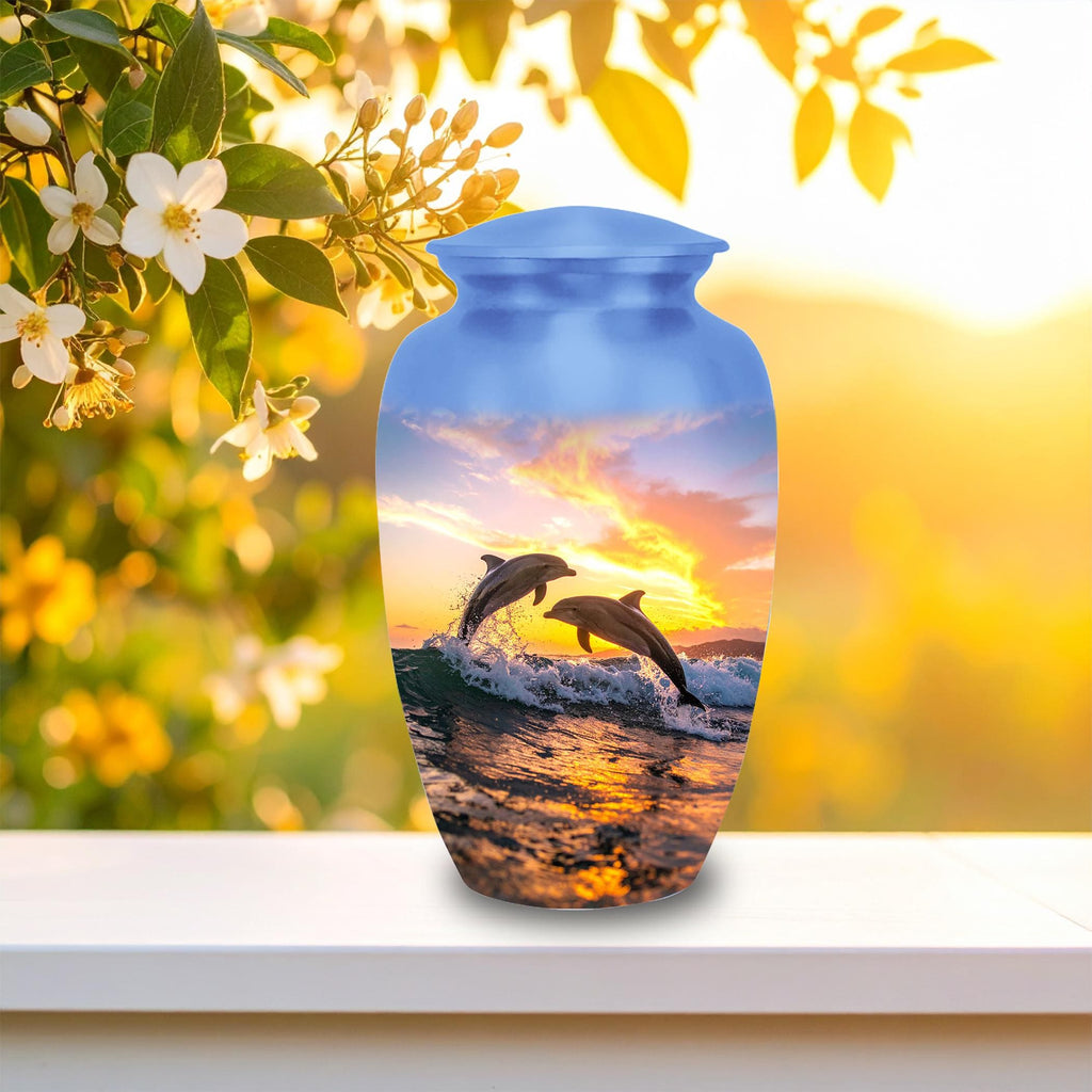 dolphin ocean sunset cremation urn for human ashes, handmade aluminum memorial urn – photo 2