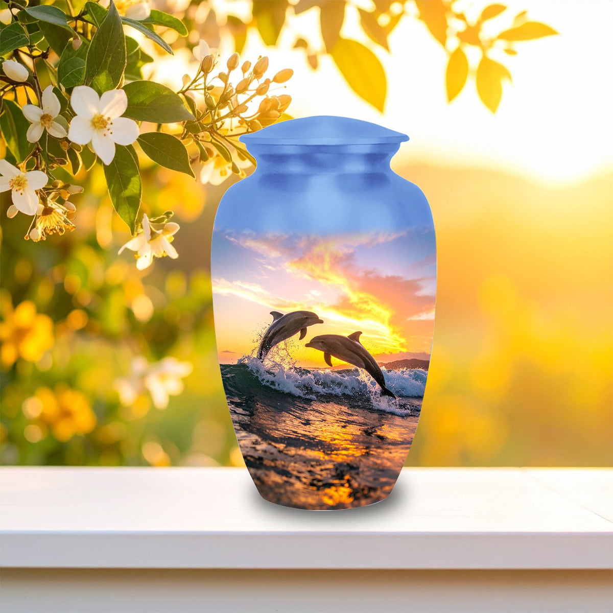 dolphin ocean sunset cremation urn for human ashes, handmade aluminum memorial urn – photo 2