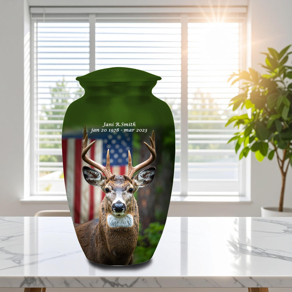deer hunter american flag cremation urn for human ashes, handmade aluminum memorial urn – photo 3