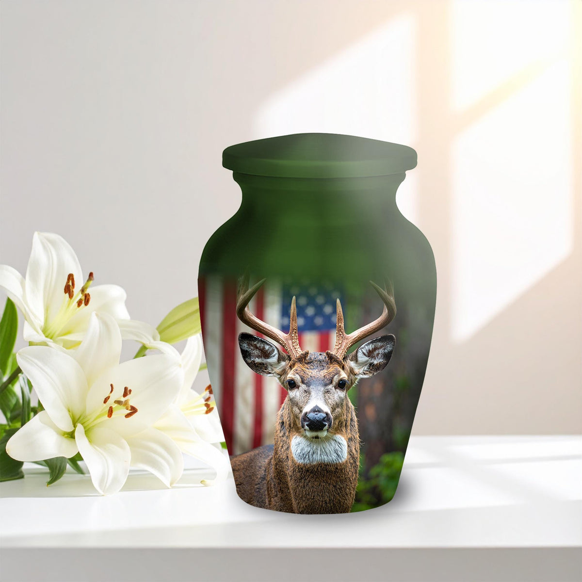 deer hunter american flag cremation urn for human ashes, handmade aluminum memorial urn – photo 9