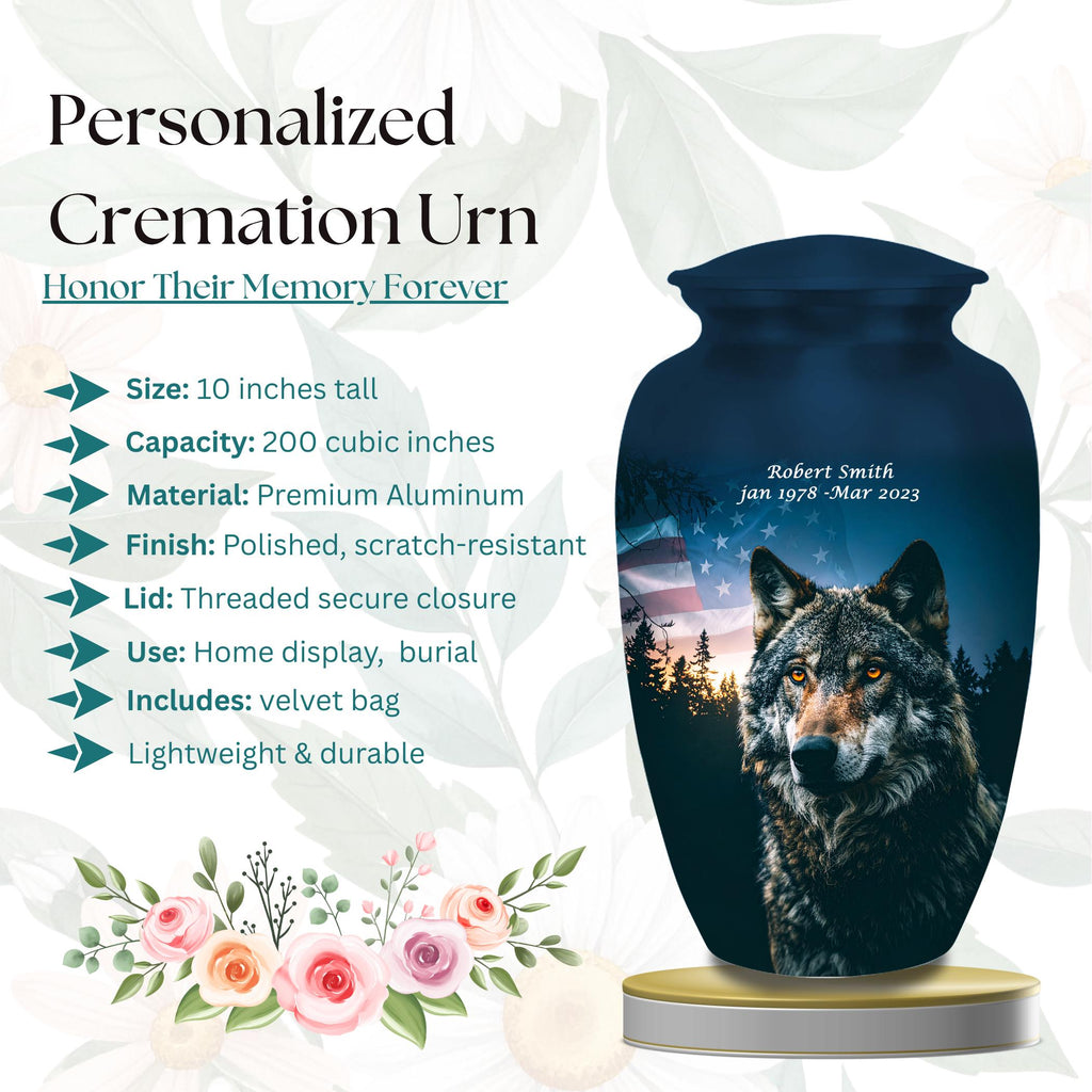 wolf american flag cremation urn for human ashes, handmade aluminum memorial urn – photo 2