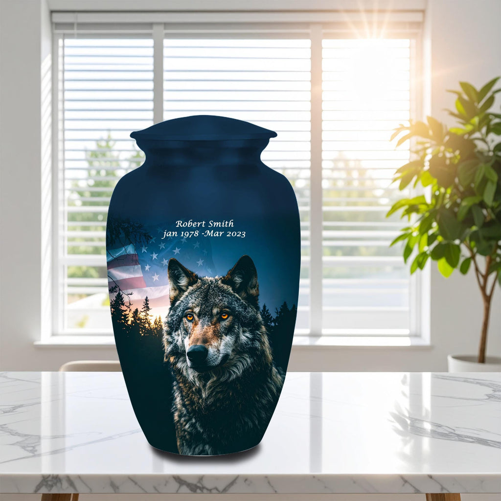 wolf american flag cremation urn for human ashes, handmade aluminum memorial urn – photo 3