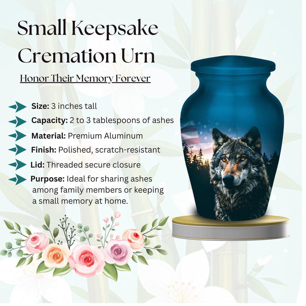 wolf american flag cremation urn for human ashes, handmade aluminum memorial urn – photo 7
