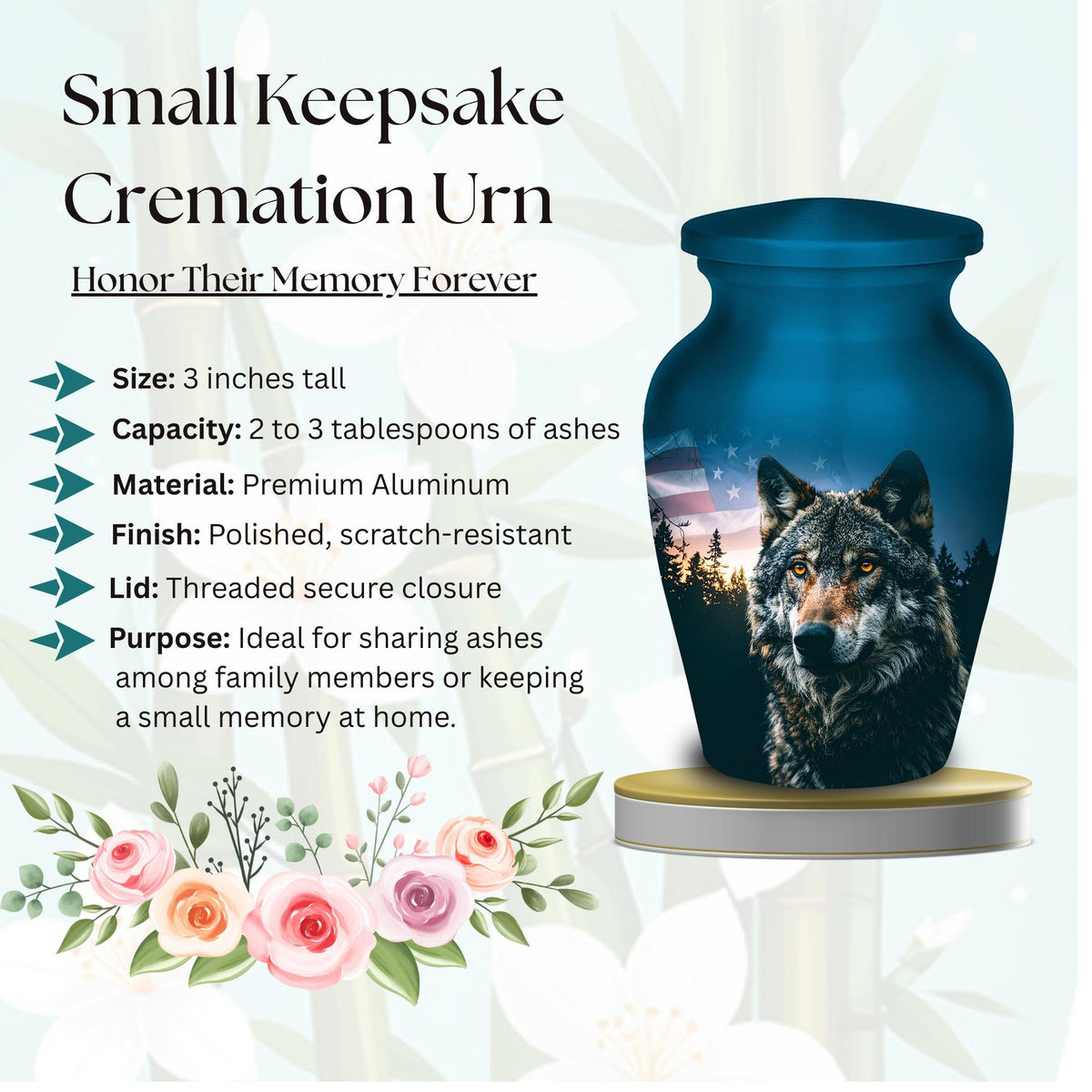 wolf american flag cremation urn for human ashes, handmade aluminum memorial urn – photo 7