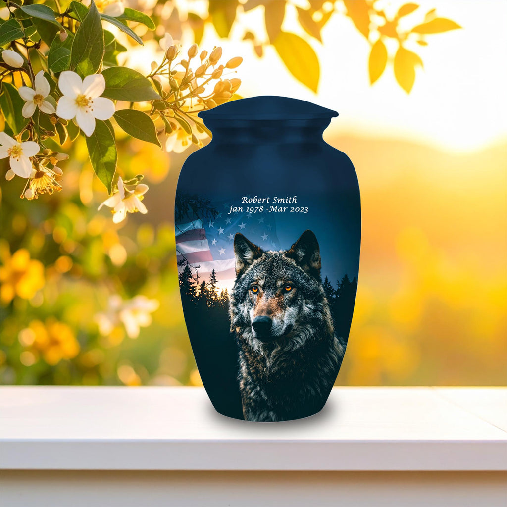 wolf american flag cremation urn for human ashes, handmade aluminum memorial urn – photo 4