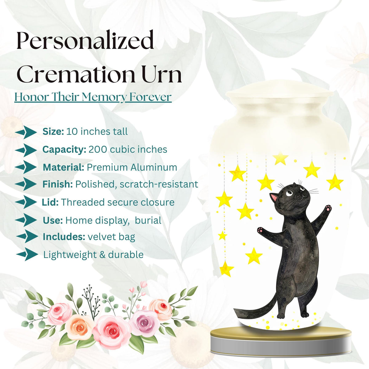 black cat star cremation urn for pet ashes, handmade aluminum memorial urn – photo 2