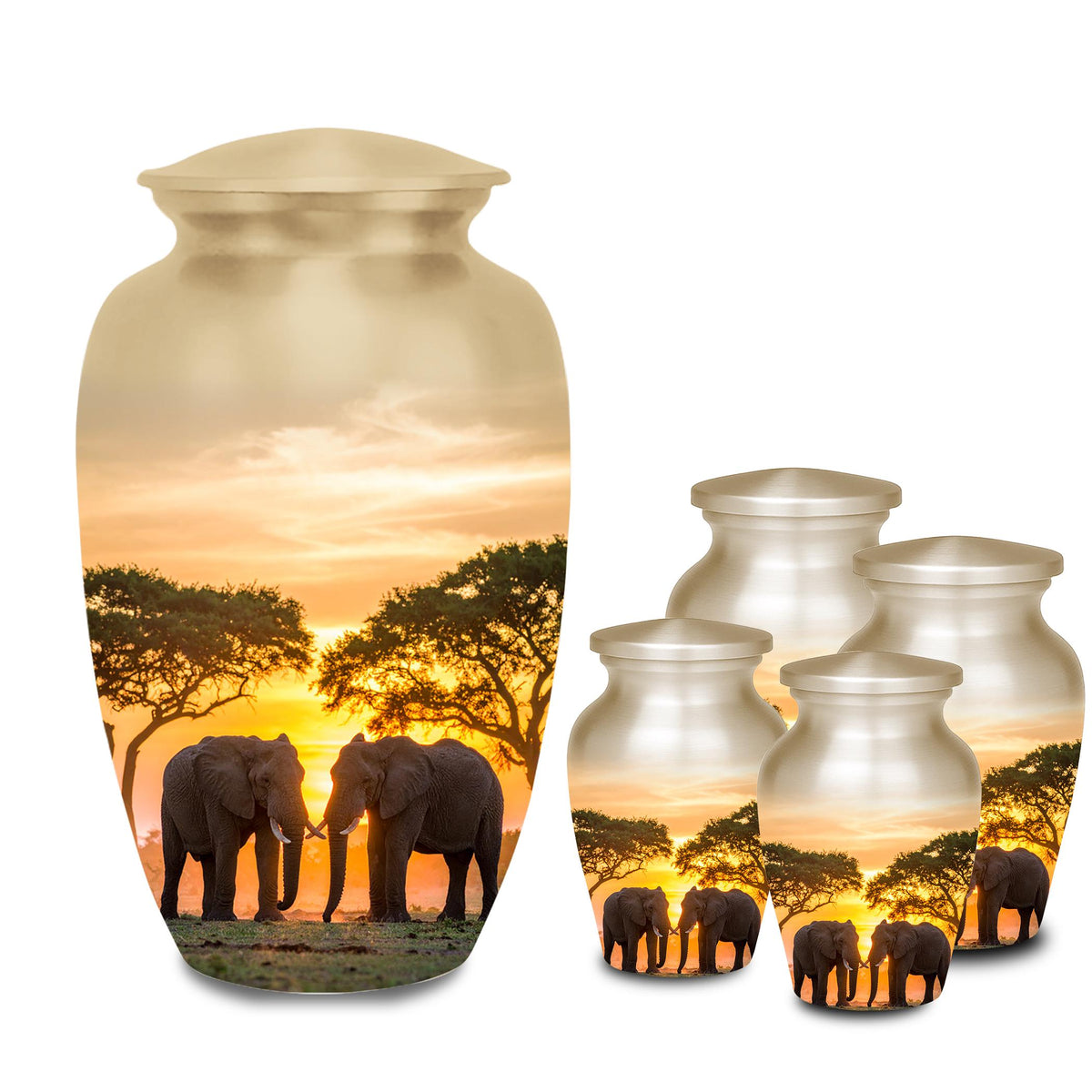 elephant safari sunset cremation urn for human ashes, handmade aluminum memorial urn – photo 8