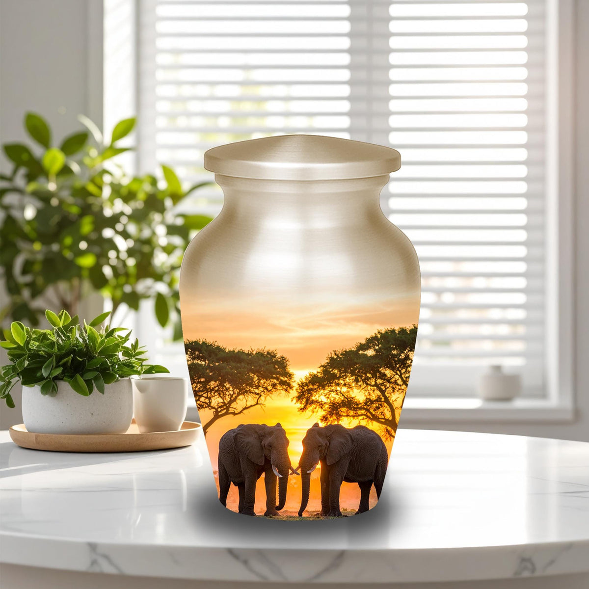 elephant safari sunset cremation urn for human ashes, handmade aluminum memorial urn – photo 5