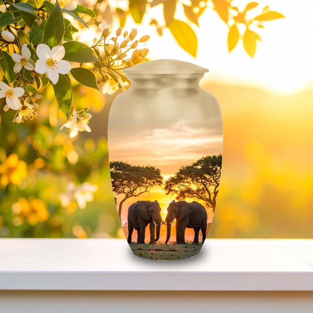 elephant safari sunset cremation urn for human ashes, handmade aluminum memorial urn – photo 4