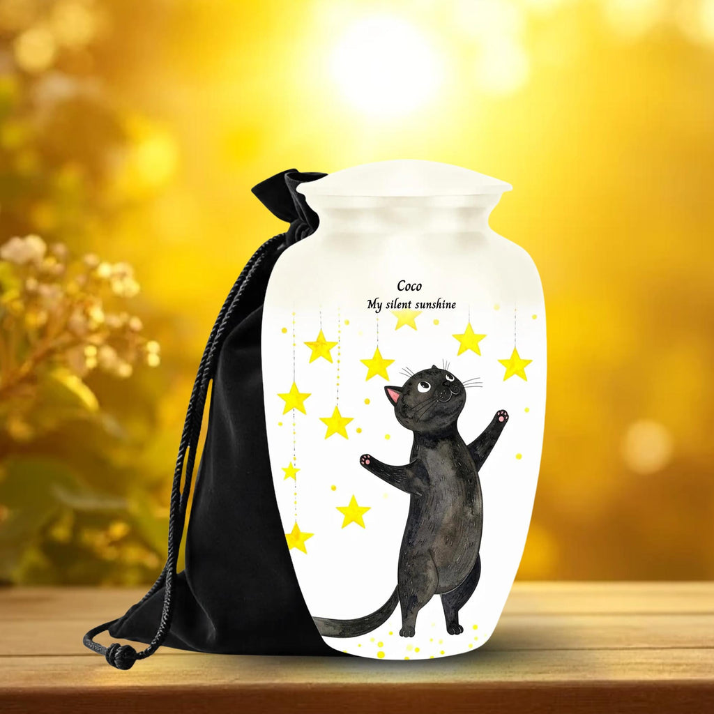black cat star cremation urn for pet ashes, handmade aluminum memorial urn – photo 1
