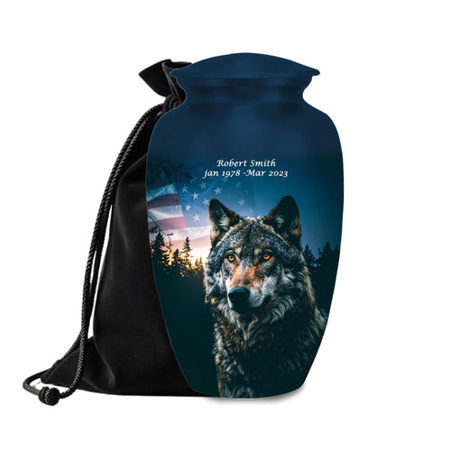 wolf american flag cremation urn for human ashes, handmade aluminum memorial urn – photo 1