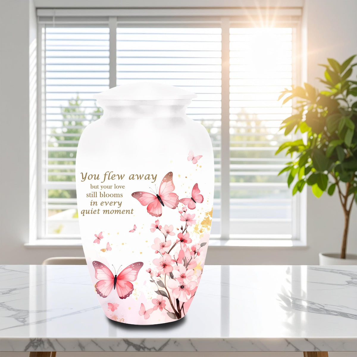 pink butterfly watercolor floral cremation urn for human ashes, handmade aluminum memorial urn – photo 2