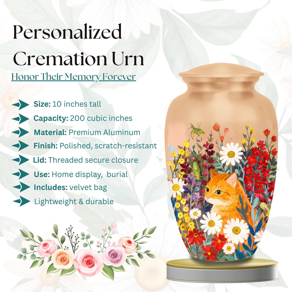 ginger tabby cat floral cremation urn for pet ashes, handmade aluminum memorial urn – photo 2