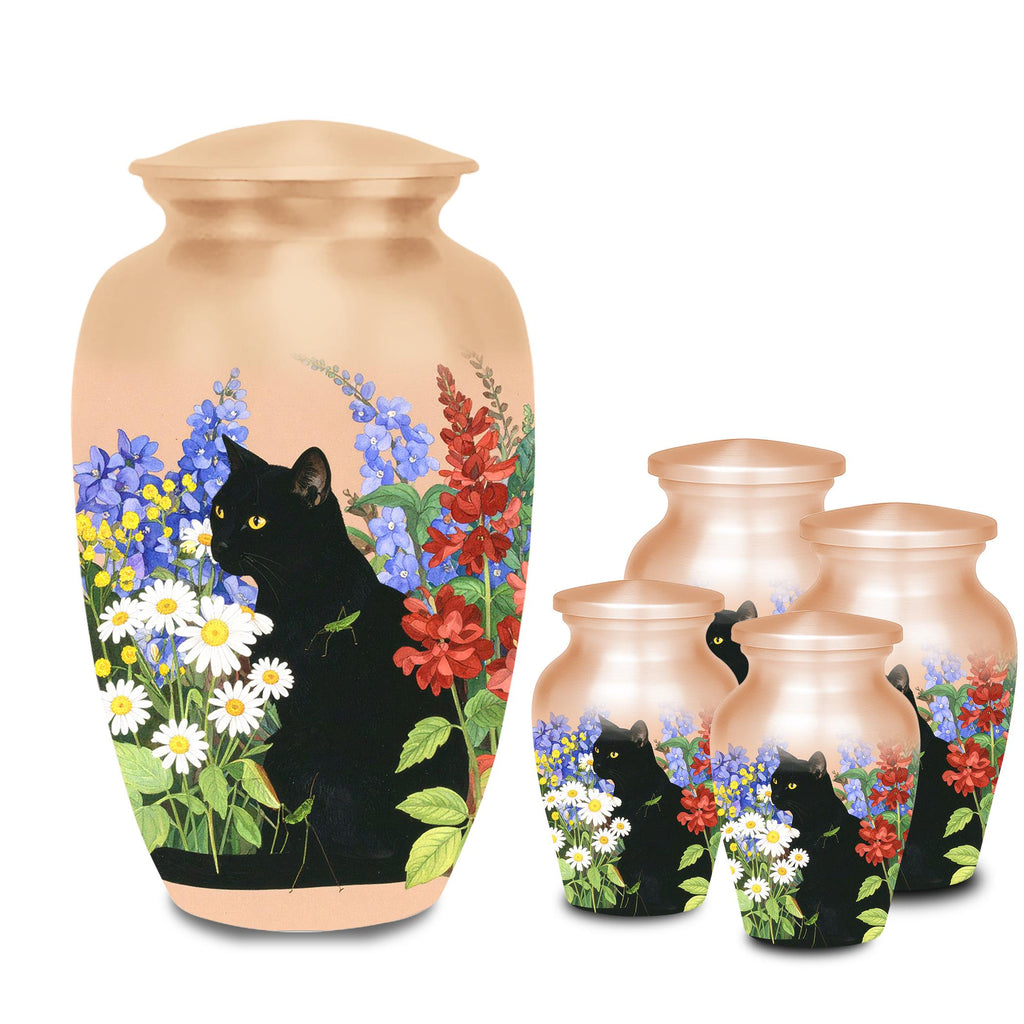 black cat wildflower garden cremation urn for pet ashes, handmade aluminum memorial urn – photo 1