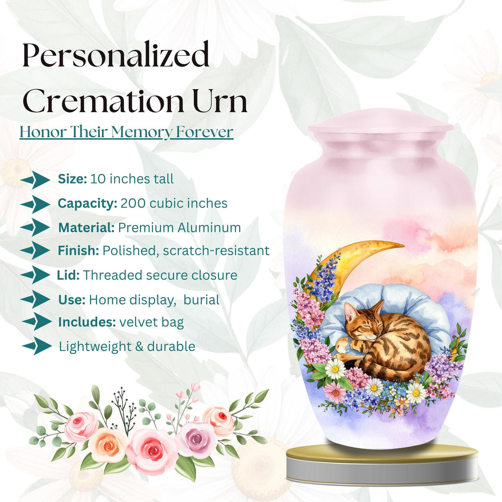 sleeping bengal cat floral moon cremation urn for pet ashes, handmade aluminum memorial urn – photo 2