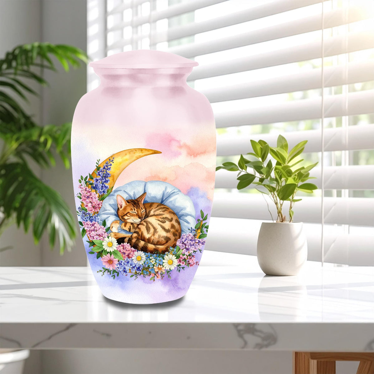 sleeping bengal cat floral moon cremation urn for pet ashes, handmade aluminum memorial urn – photo 5