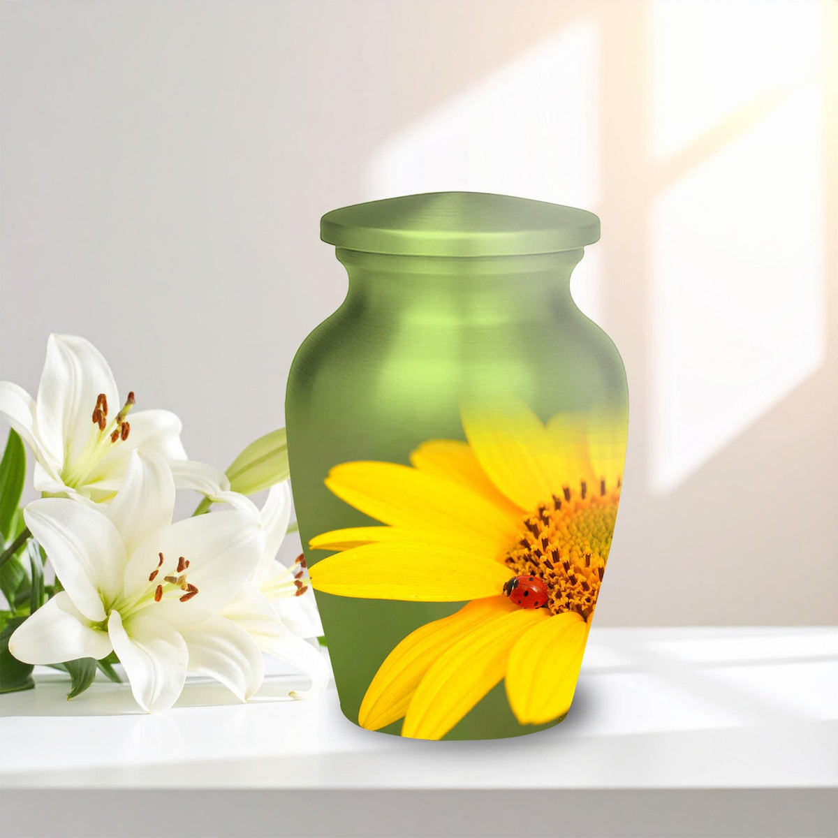 sunflower ladybug cremation urn for human ashes, handmade aluminum memorial urn – photo 7