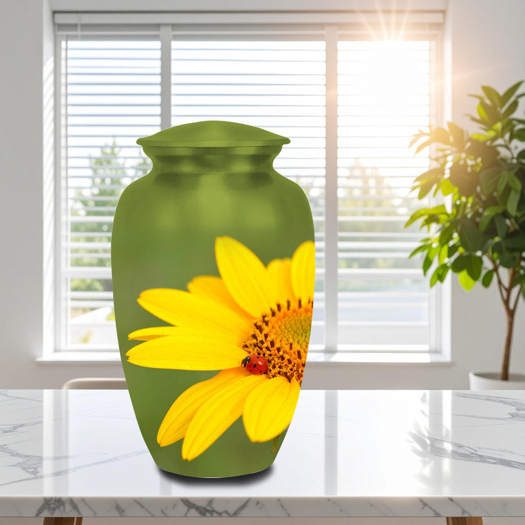 sunflower ladybug cremation urn for human ashes, handmade aluminum memorial urn – photo 3