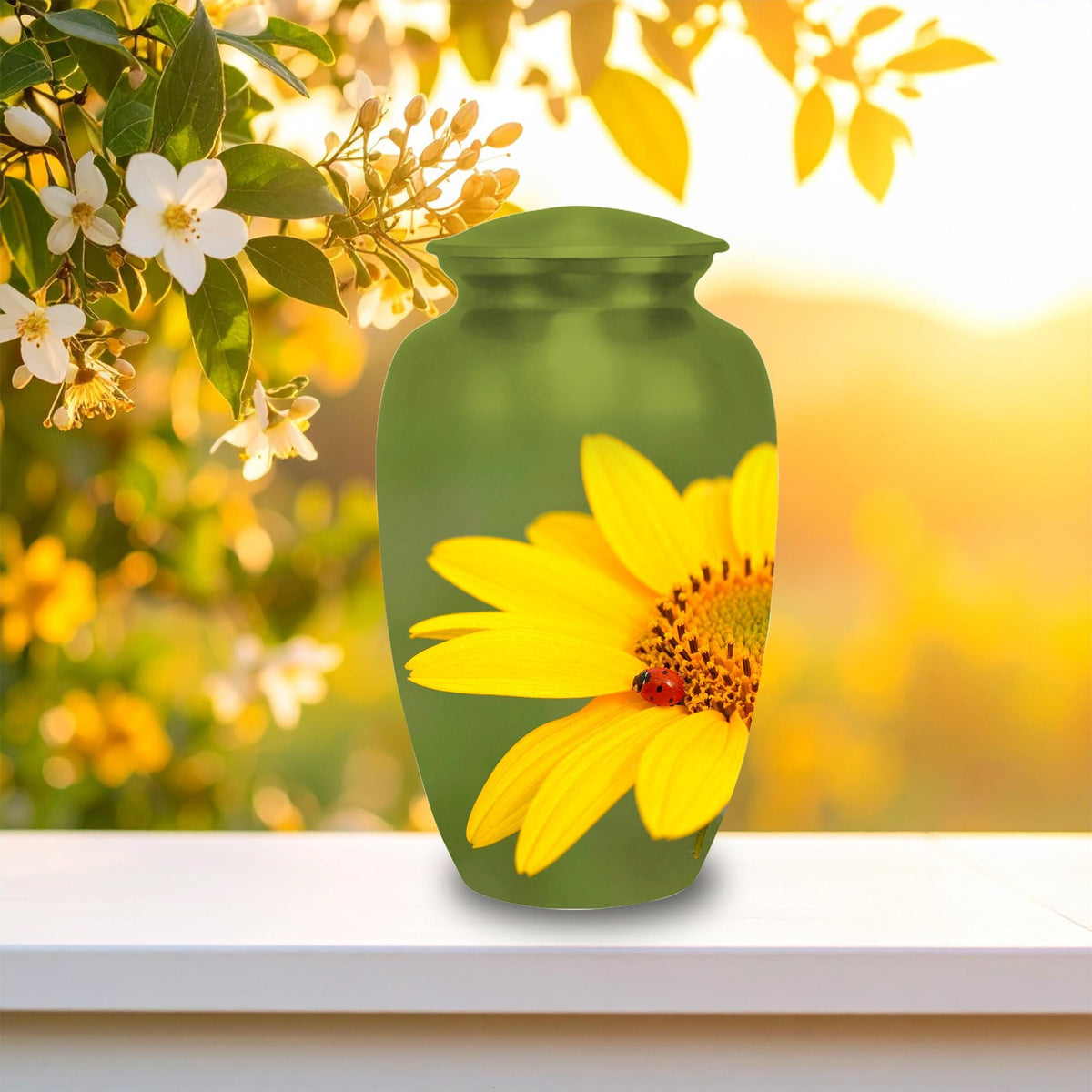 sunflower ladybug cremation urn for human ashes, handmade aluminum memorial urn – photo 4