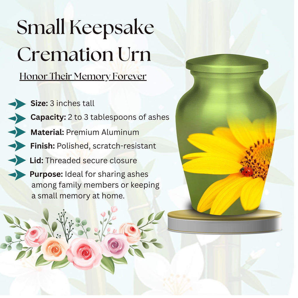 sunflower ladybug cremation urn for human ashes, handmade aluminum memorial urn – photo 6
