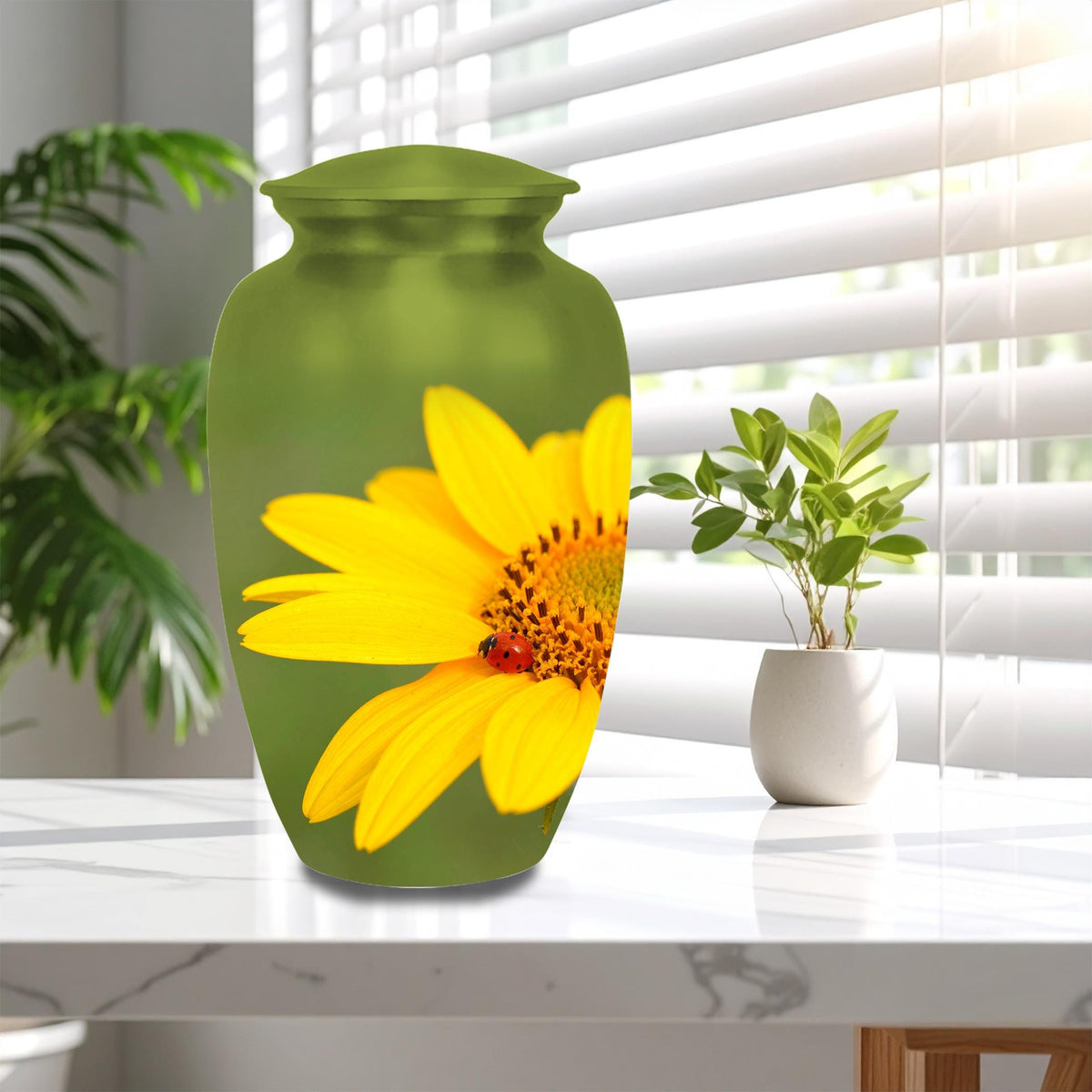 sunflower ladybug cremation urn for human ashes, handmade aluminum memorial urn – photo 10