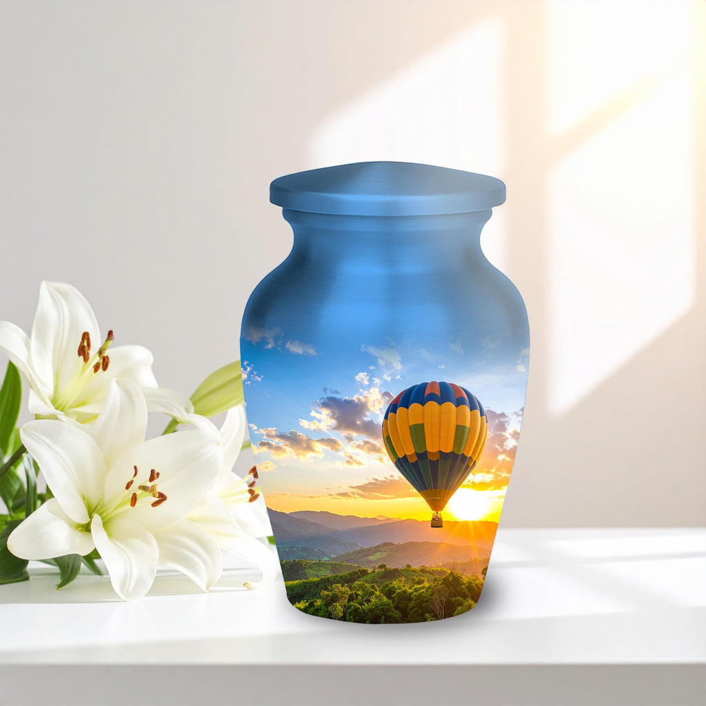 hot air balloon sunset cremation urn for human ashes, handmade aluminum memorial urn – photo 5