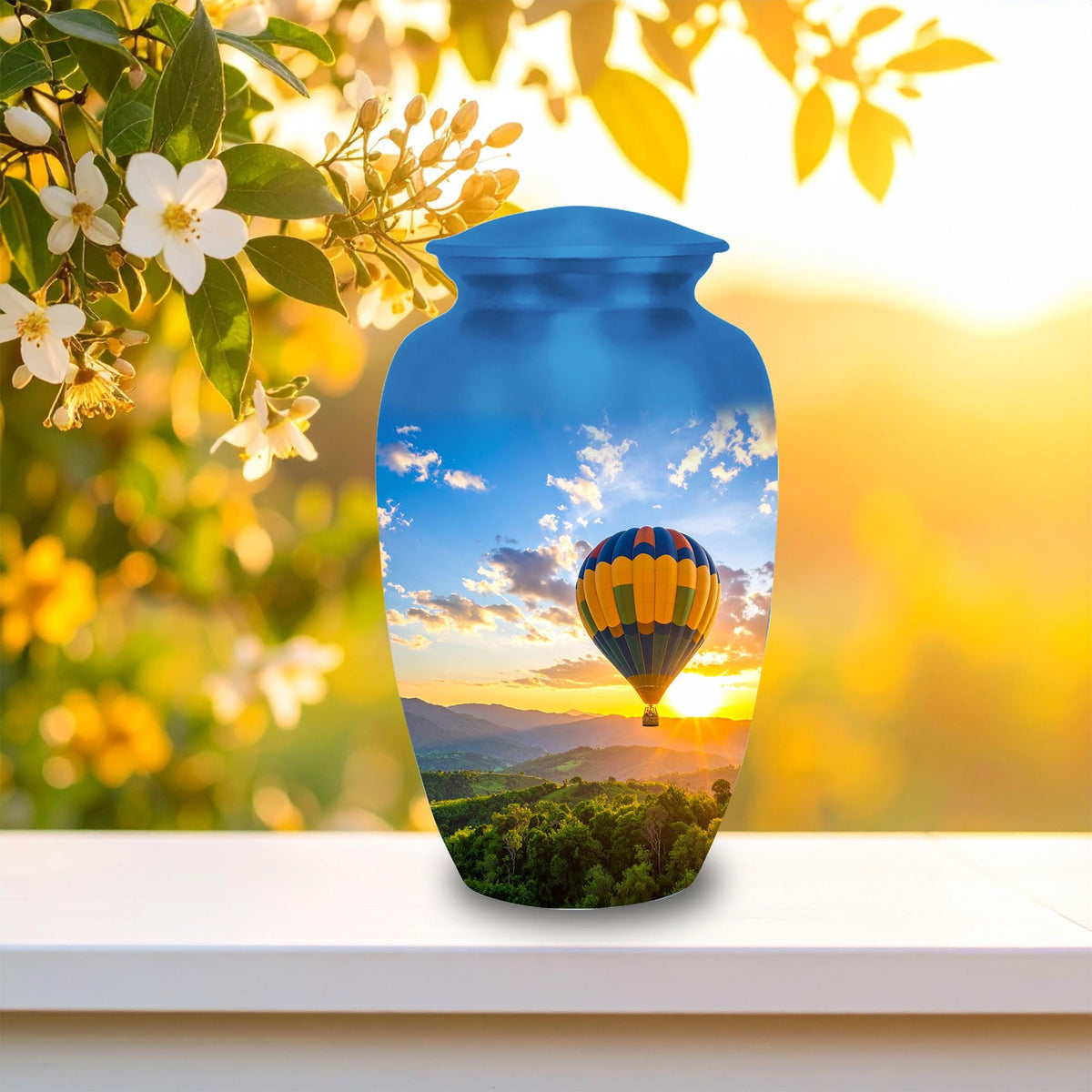 hot air balloon sunset cremation urn for human ashes, handmade aluminum memorial urn – photo 4