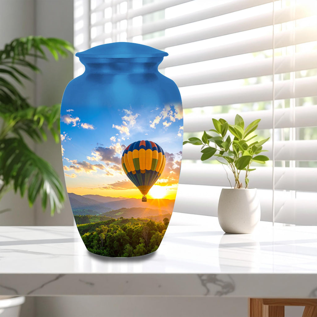 hot air balloon sunset cremation urn for human ashes, handmade aluminum memorial urn – photo 10