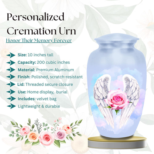 angel wings pink rose cremation urn for human ashes, handmade aluminum memorial urn – photo 2