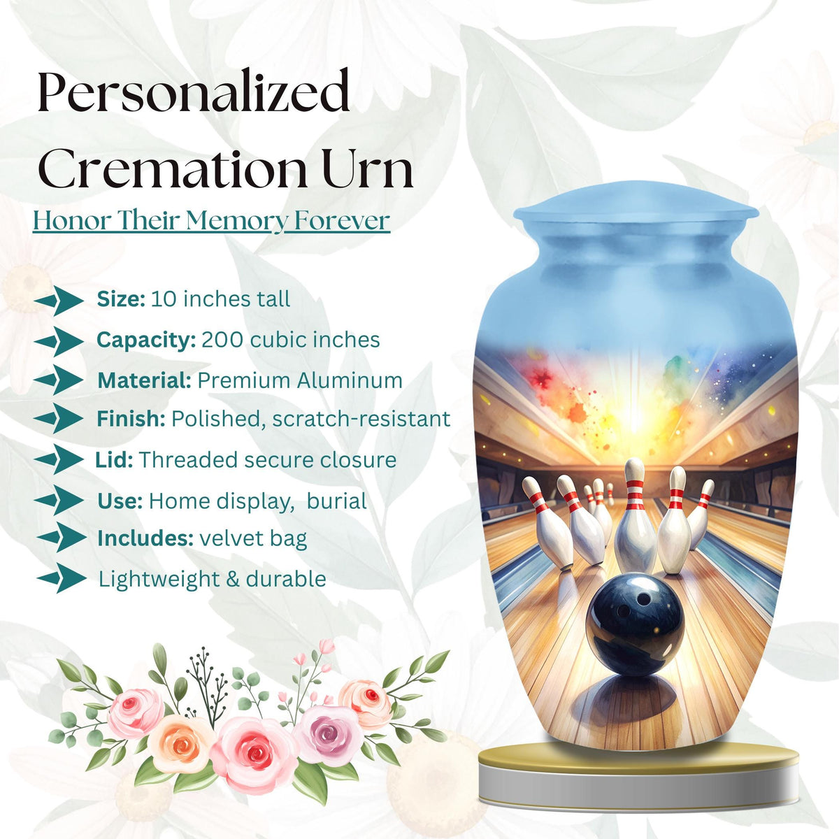 bowling alley cremation urn for human ashes, handmade aluminum memorial urn – photo 2