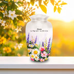 elegant floral tribute cremation urn for human ashes, handmade aluminum memorial urn – photo 3