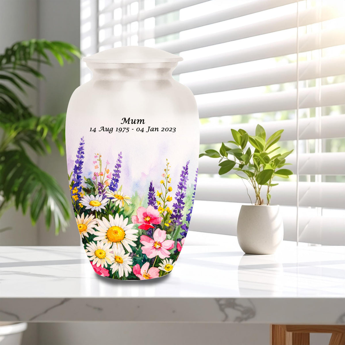 elegant floral tribute cremation urn for human ashes, handmade aluminum memorial urn – photo 10