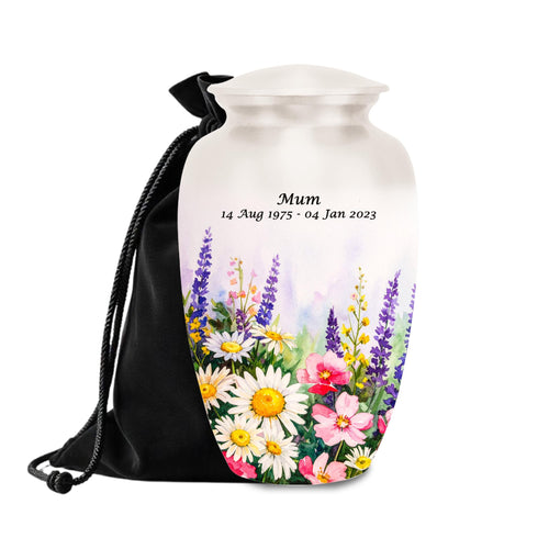 elegant floral tribute cremation urn for human ashes, handmade aluminum memorial urn – photo 1